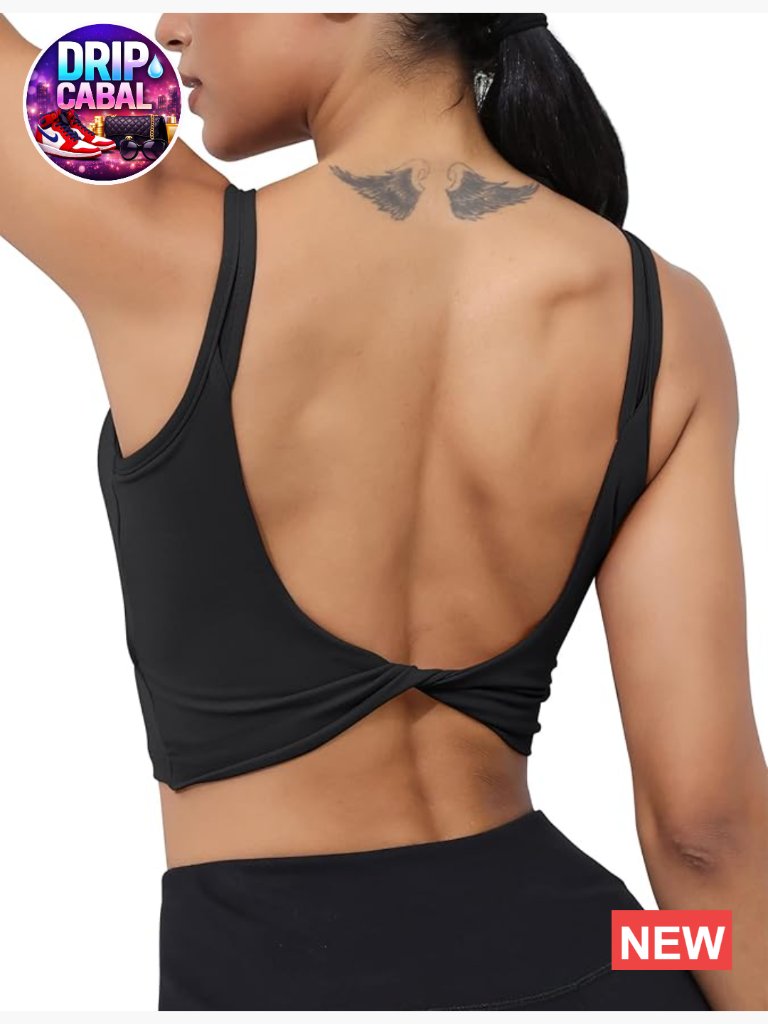 Backless Padded Yoga Tank Top With Built In Bra Crop Twist Low Back Cami Bra